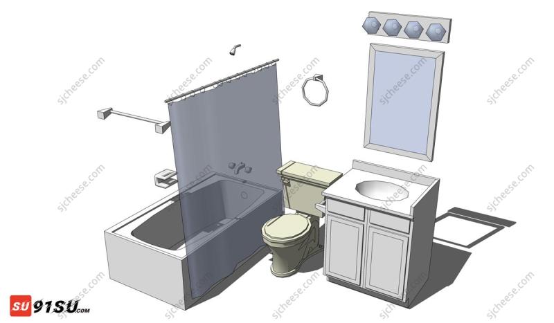 简约现代风干湿分离浴室卫生间浴缸马桶洗手台SU草图大师sketchup模型