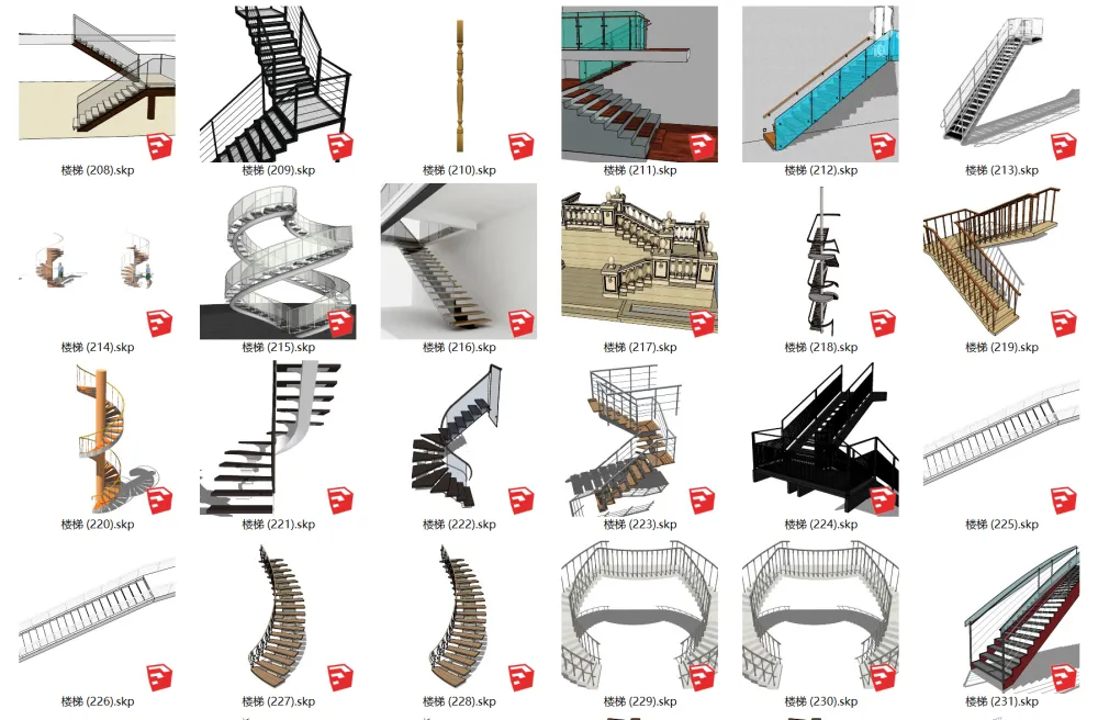 工装楼梯SU模型合集-电梯扶梯人行天桥室内外楼梯旋转U型悬空楼梯-198个-564M-时刻设计网